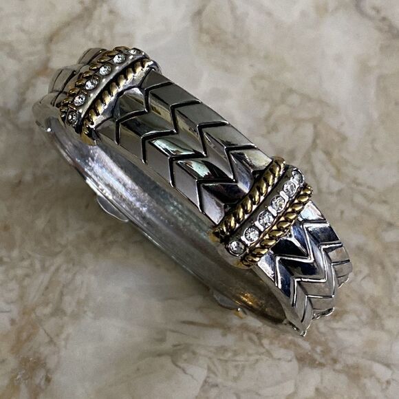 NWOT Two-Tone Silver/Gold & Rhinestone Spring Hinge Cuff Bracelet - Picture 2 of 11